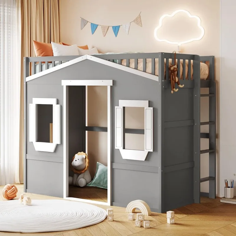 Wood House Loft Bed with Ladder, Kids Playhouse Bed with Window for Girls Boys