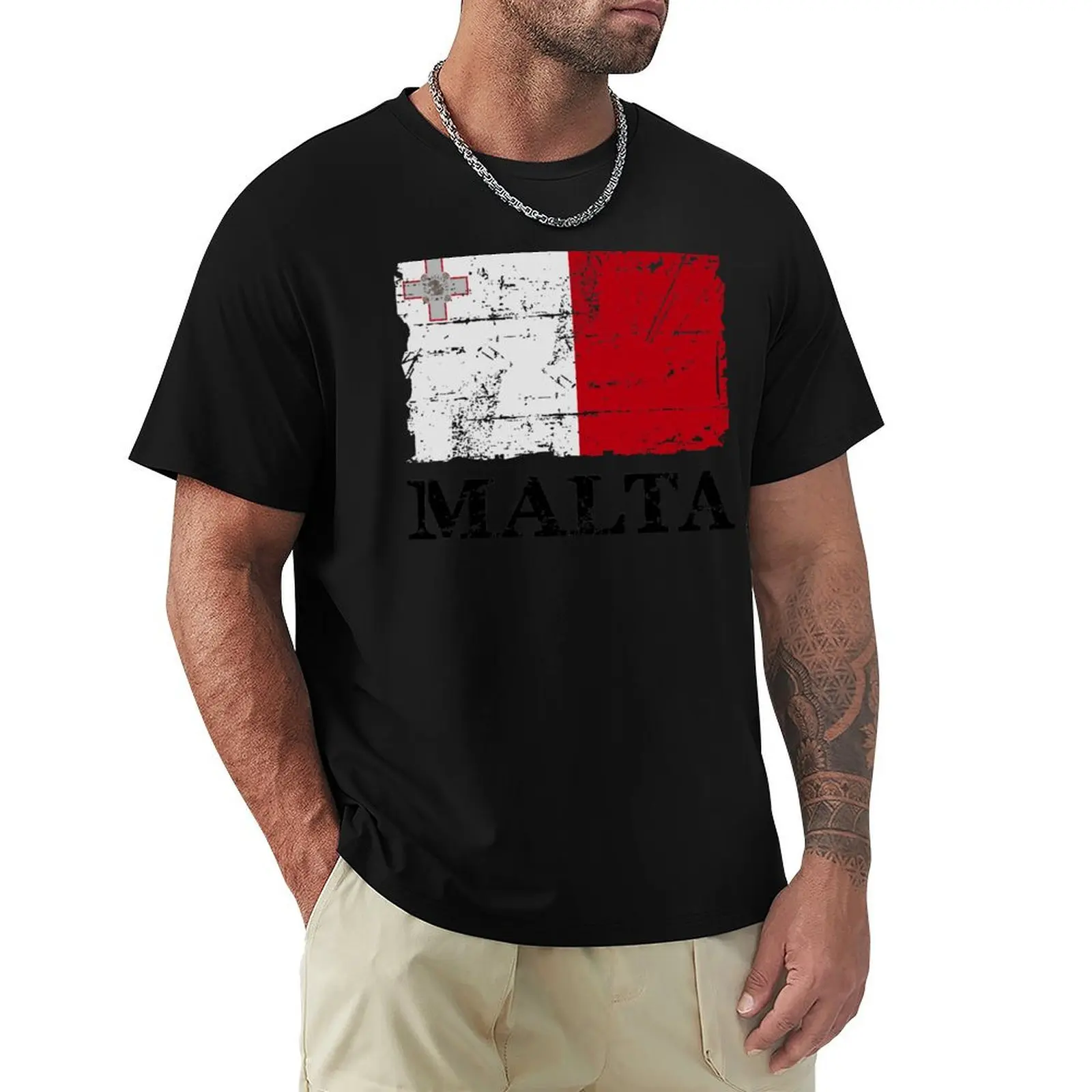 Bandera de Malta - Camiseta de Estilo Vintage de Cuello Redondo para Tallas Grandes