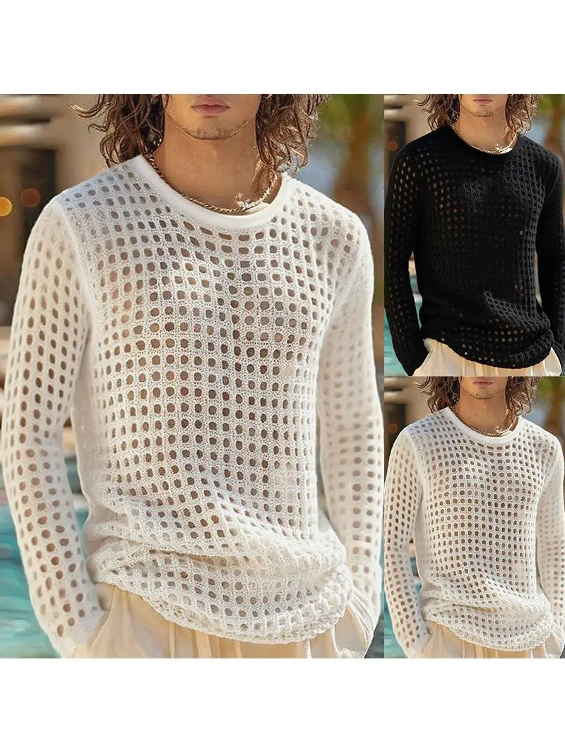 Men's Hollow out Fitness Long Sleeve T-Shirt Knitted Mesh See-through Sexy Pullover Casual Wear Summer 2026 Neutral Style