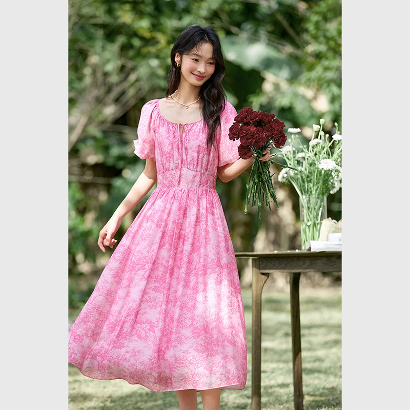 

VIMLY Women Holiday Vacation Dress 2025 Ladies Summer Short Sleeve A-line Floral Print Elegant Midi Dress Female Clothes A1091
