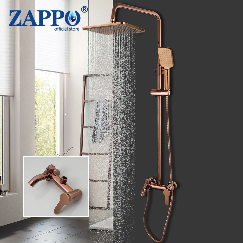 Zappo-conjunto de Torneira de Chuveiro de Latão Sólido Misturador de Banheira Spray de Chuva Chuveiro de Mão Quadrado Rosa de Ouro Rosa Facuets de Banheiro