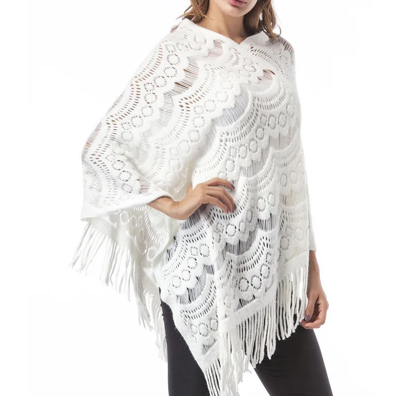 

Sweater Women's Hook Flower Hollow Irregular Tassel Medium Long Cape Shawl Knitted Sweater