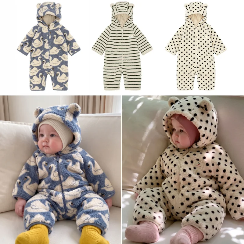 Baby One-Piece Coat 2026 Winter New Swan Fashion Fleece Thickening Warm Baby Climbing Clothes Pure Cotton Hooded Cotton Clothes
