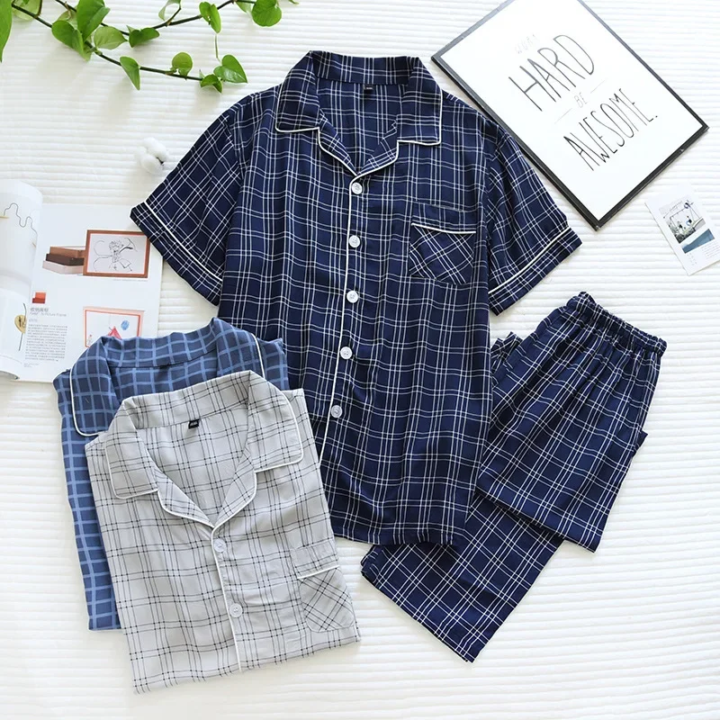 2024 new men\'s short-sleeved trousers pajamas two-piece 100% viscose spring and summer thin plaid large size home service cover