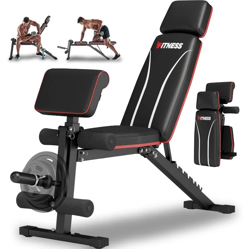 Banco de pesas plegable, Banco de entrenamiento ajustable con extensión de piernas, almohadilla de predicador, reposacabezas extendido, Banco de Pesas que ahorra espacio