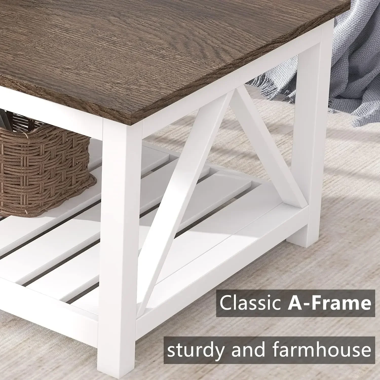 Farmhouse Coffee Table, Rustic Vintage Living Room Table with Shelf, 40 White
