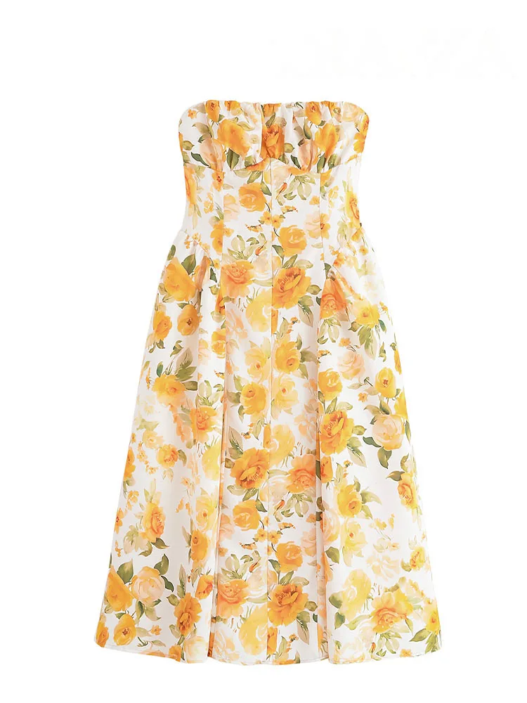 HH Women Fashion Temperament Simple Slim Strap-Breast Yellow Rose Printed Midi Dress Female Elegant Sexy Backless Long Dress