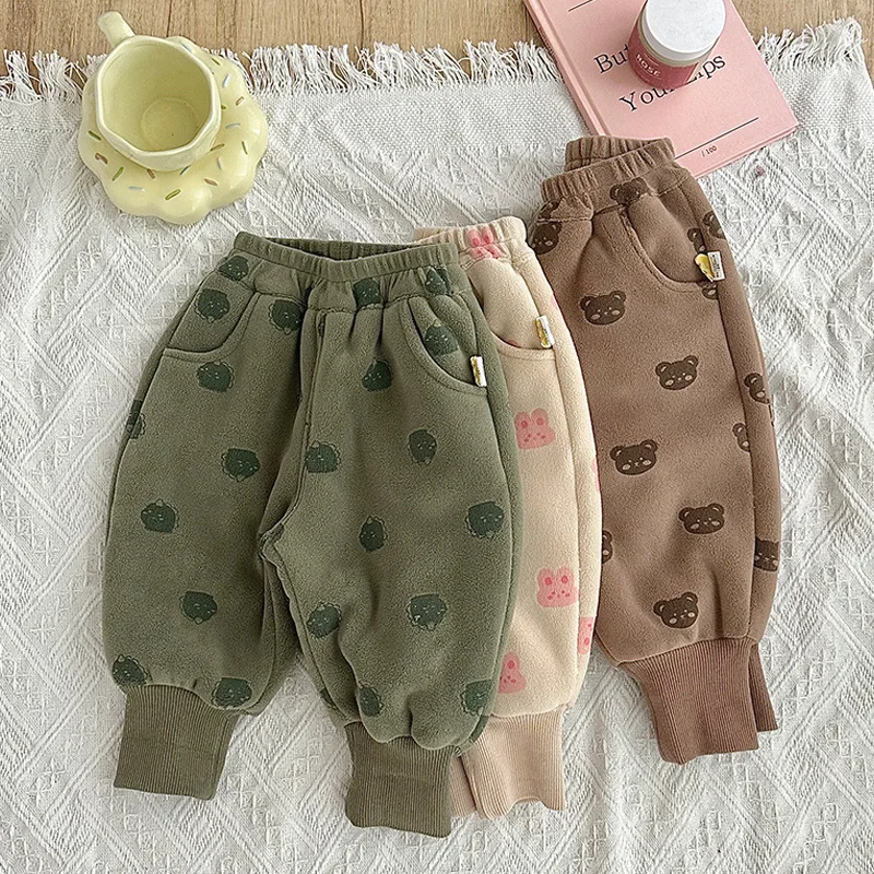 

Plush warm and loose casual Harlan pants Korean version of autumn and winter cotton cartoon pattern for boys and girls