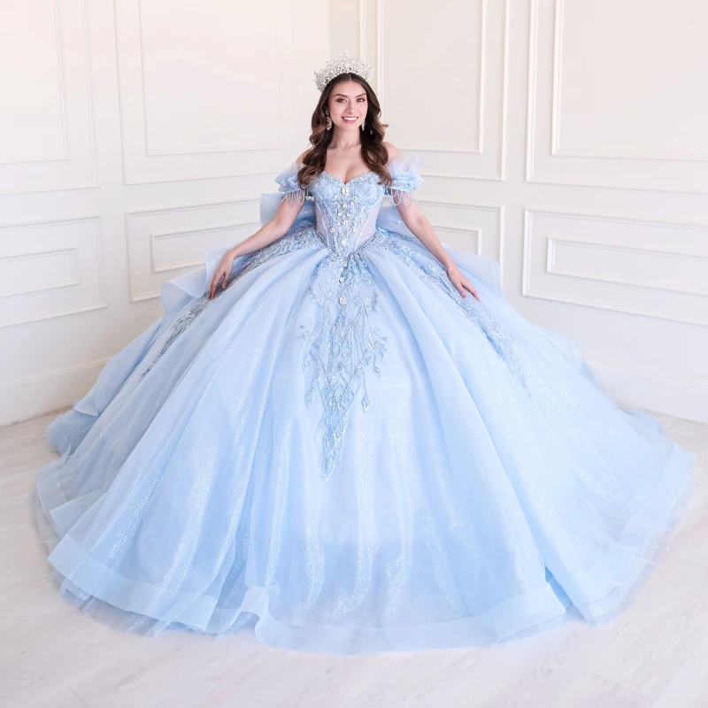 Light Blue Glitter Quinceanera Dresses Off Shoulder Ball Gown Sweet 16 Dress Applique Lace Beads Bow Tull Party Birthday Vestido