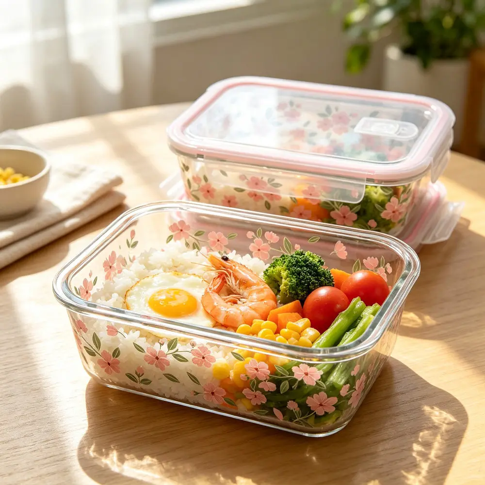 2Pcs 1100ml Sakura Print Glass Food Storage Containers with Pink Lid Microwave Safe Airtight Glass Meal Prep Boxes for Lunch