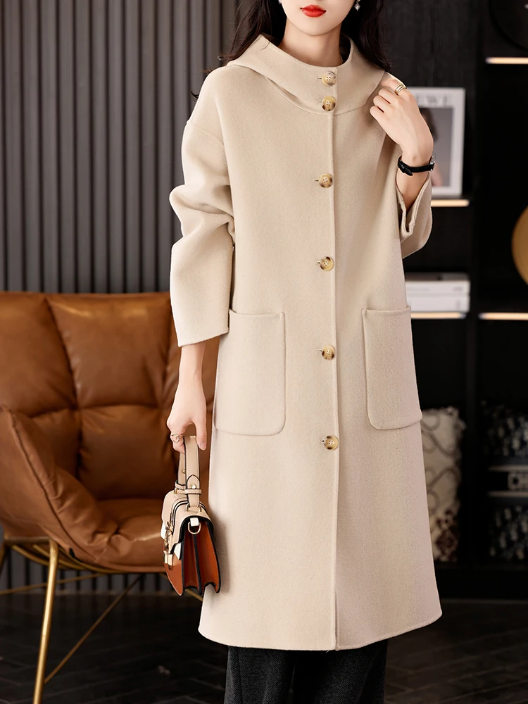 High Quality Pure Wool Coat Women Hoodie Autumn Winter Thick Warm 100% Wool Long Outerwear Trendy Styli Woolen Sweater Cardigan - Image 2