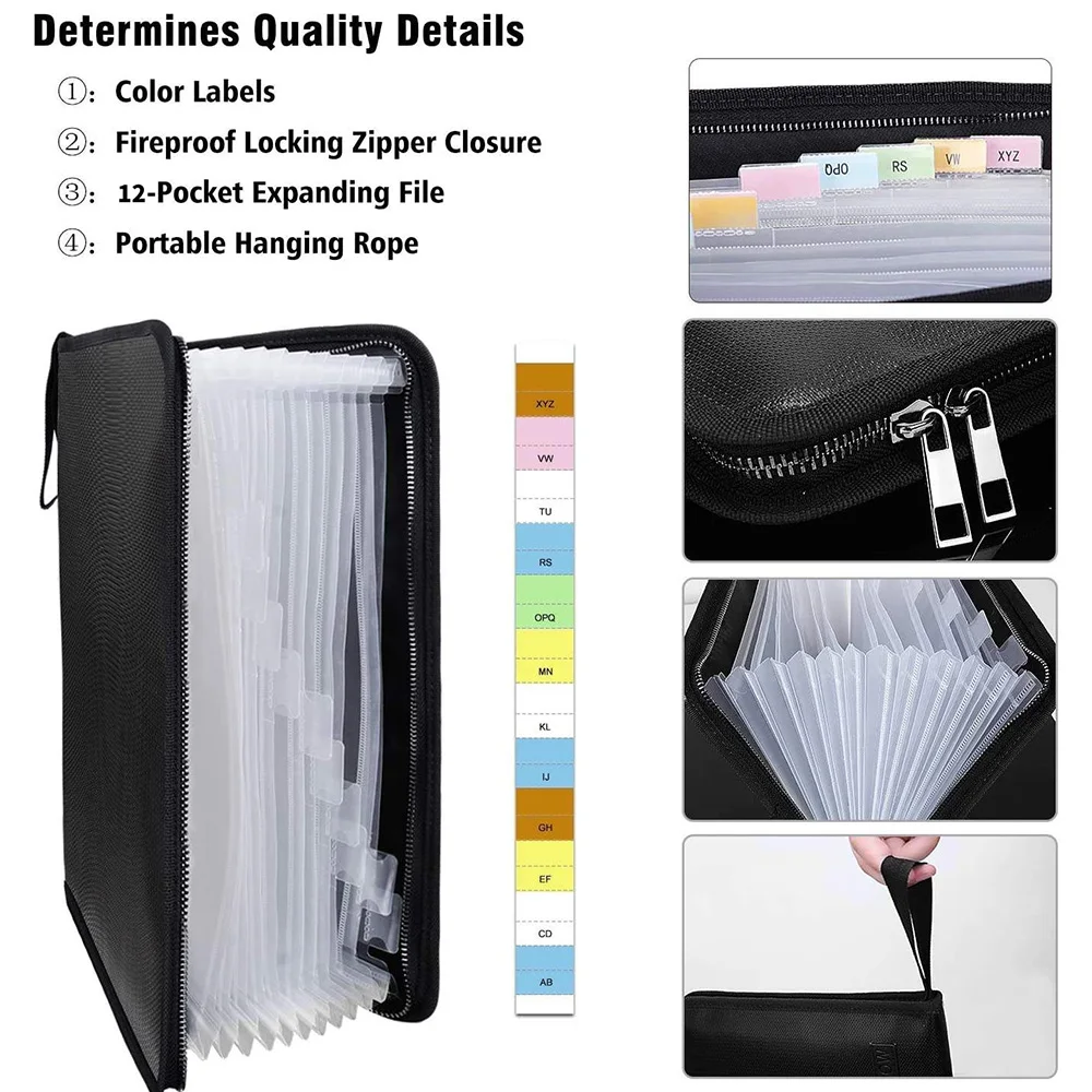 Fireproof Waterproof Accordion Folder can Store A4 Legal Documents Certificate Bag Portable Zipper Folder Organizer bag