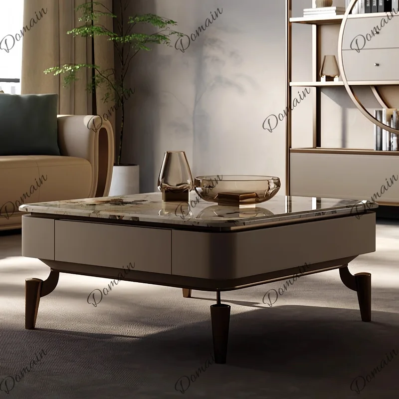 Italian Luxury Square Coffee Table Modern Minimalist Living Room Small Apartment Pandora Stone Marble Look Gold Base