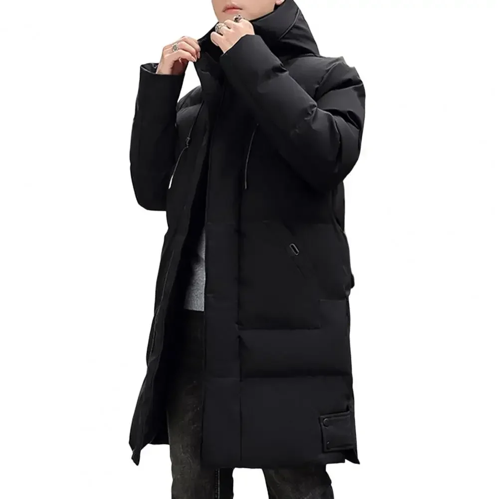 Hooded Winter Down Coat for Men Parkas Thickened Solid Color Padded Cardigan Midi Length Zip Up Men's Coat for Daily Wear