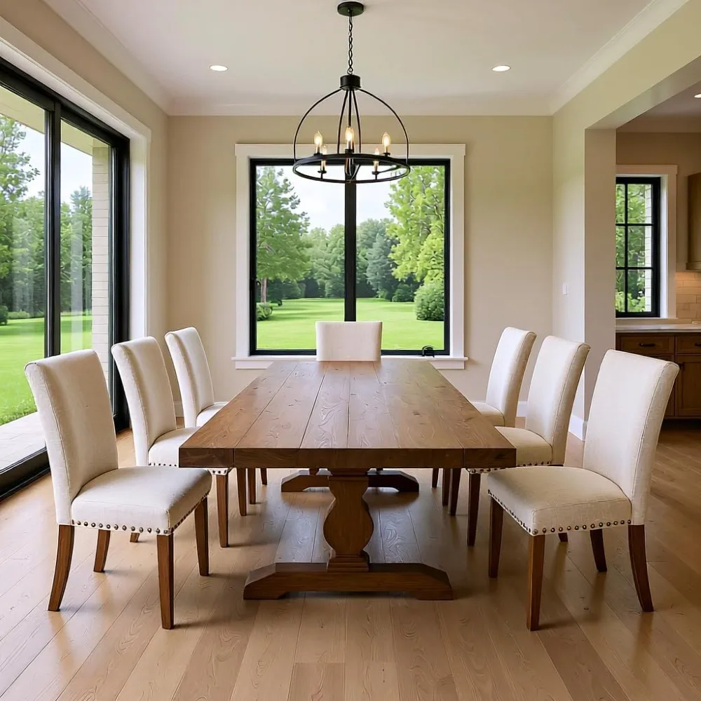 طقم كراسي طعام منجدة باللون البيج مكون من 6 قطع - طراز مزرعة عالي الظهر مع أرجل من الخشب المطاطي الصلب، وسادة إسفنجية مبطنة #1