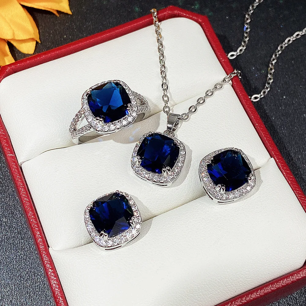 4pcs Creative Women Imitation Sapphire Jewelry Set Crystal Cute Square Retro Necklace Earring Ring for Women Wedding Jewelry