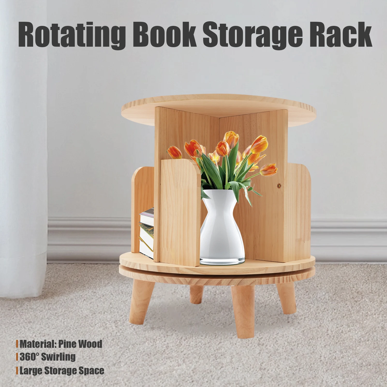 360° Free-Standing Wooden Bookshelf Organizer- Space-Efficient Corner Storage