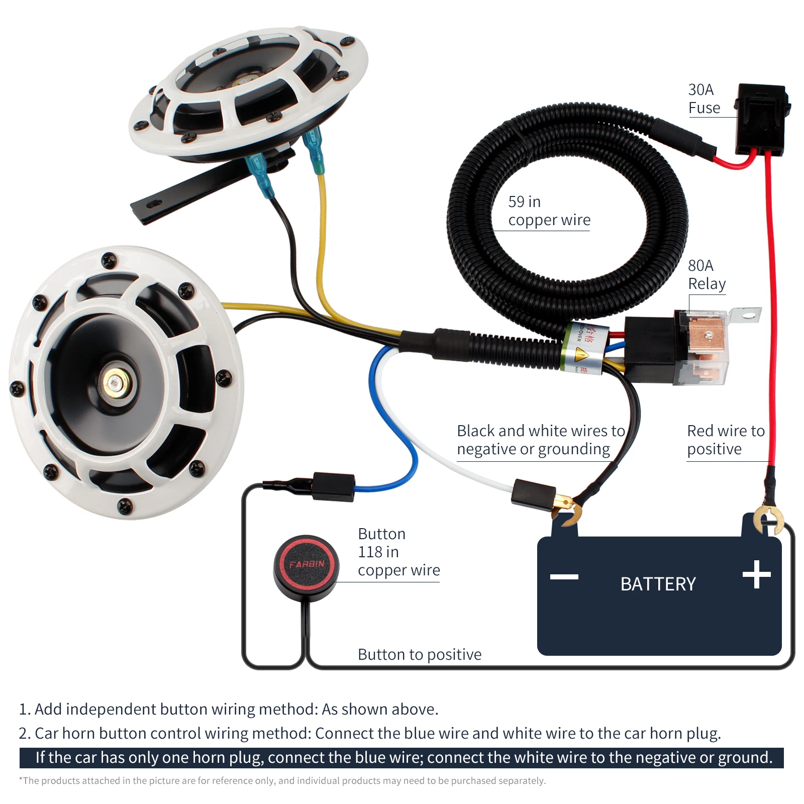 ALLREY – klaxon de voiture multicolore 12V, Kit de klaxon à Air électrique, double ton, alarme Super forte, outil d'avertissement pour moto et camion, 2 pièces