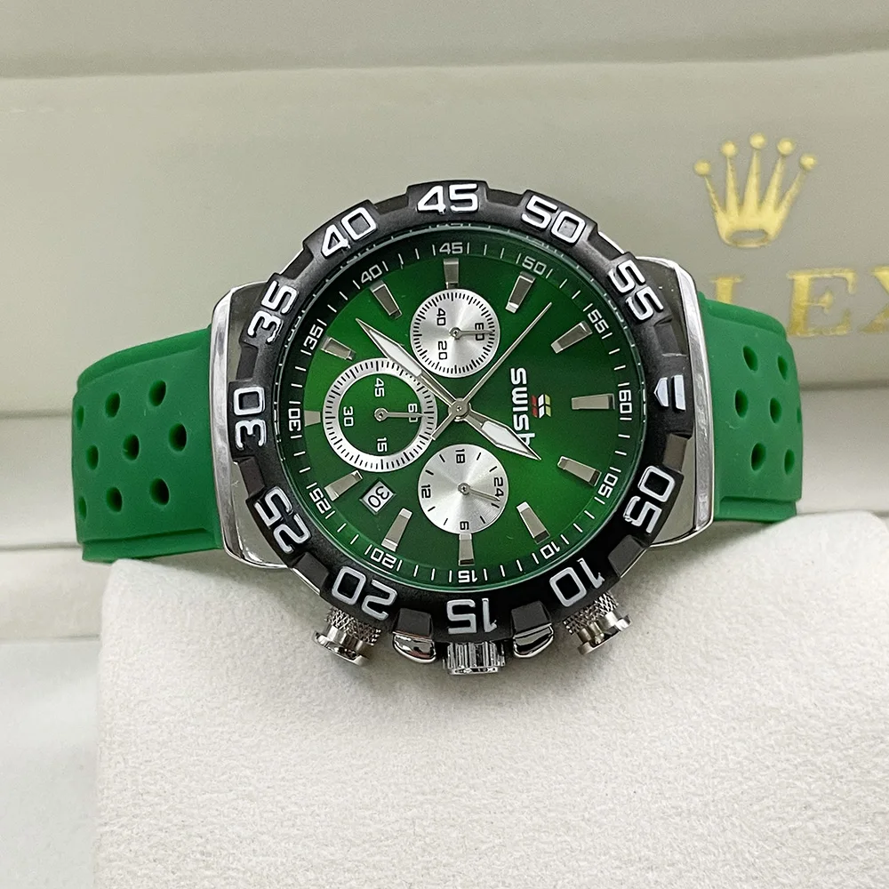 SWISH Men Watches Top Brand Sport Green Vintage Chronograph Wristwatch Japan Quartz Clock Causal Reloj Hombre Calendar Date