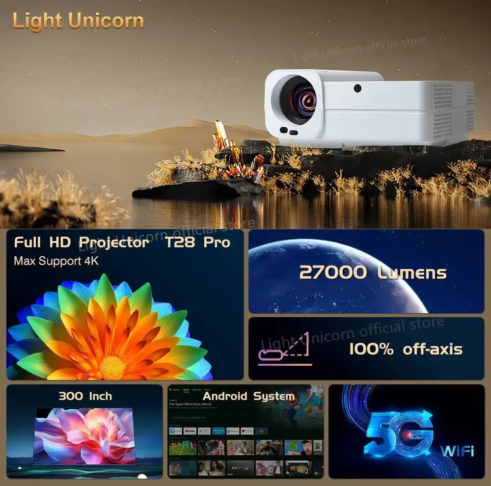 Everycom Light Unicorn T28 PRO Full HD 1080P-projector 4K Ondersteuning LED-videoprojector 5G Wifi Android Smart Home Theater