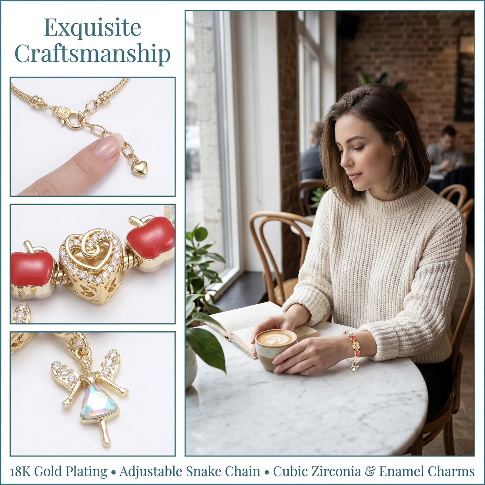 

Golden Adjustable Bracelet with Synthetic Zircon Heart, Apple & Fairy Charms for Women Princess Jewelry Gift