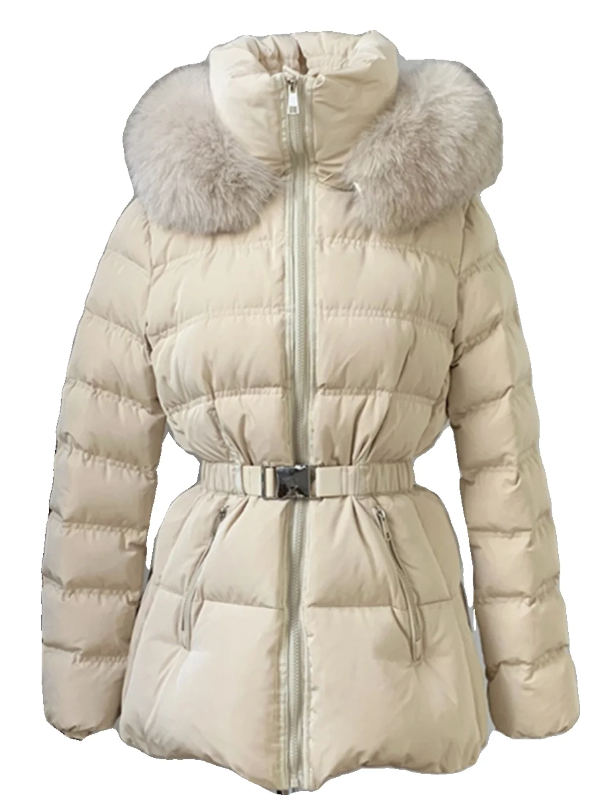 Koreaanse Sle Dames Gewatteerde Jaet Grote Bontkraag Wit Du Down Halflange Afslankende Warme Jas Ritssluiting Thiened