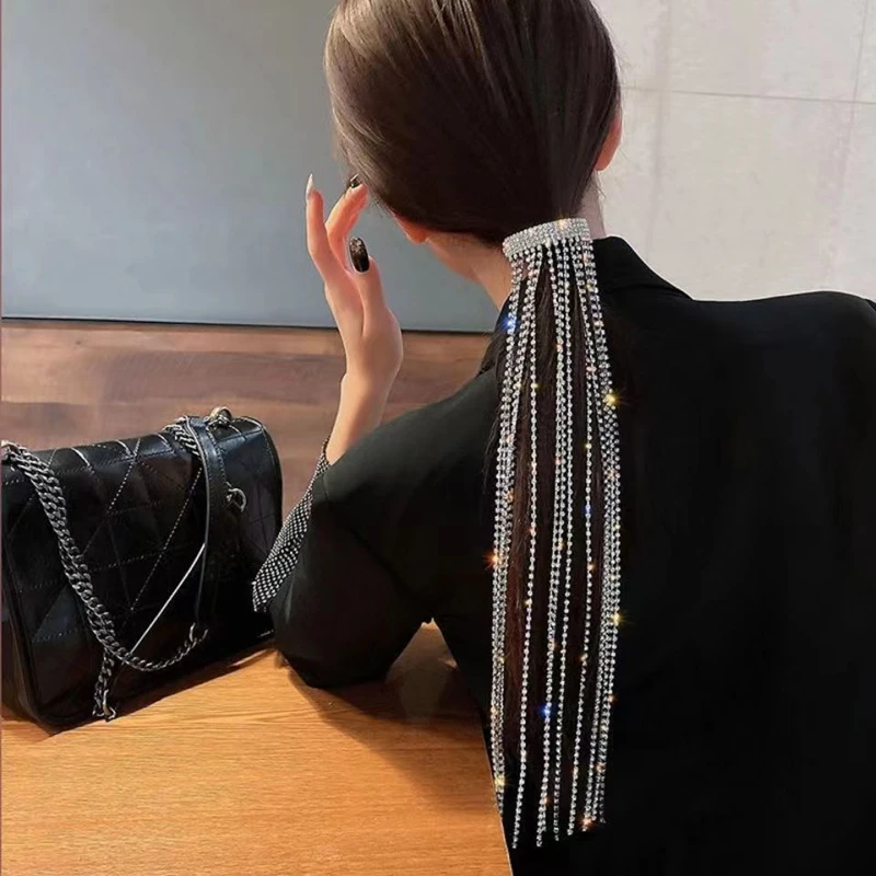 

Fashion Shiny Rhinestone Hairpins Long Tassel Hair Chain Sparkling Dance Party Decoration Headwear Grab Chain Hair Accessories