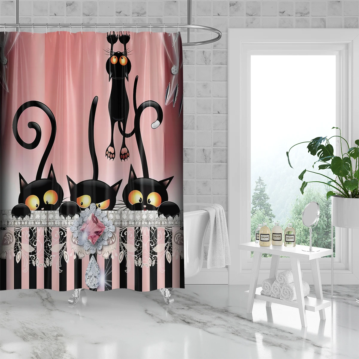 1pc, 180x180cm cartoon black cat print, mildew-proof, waterproof, no pilling, perforated with hook, bathroom shower curtain