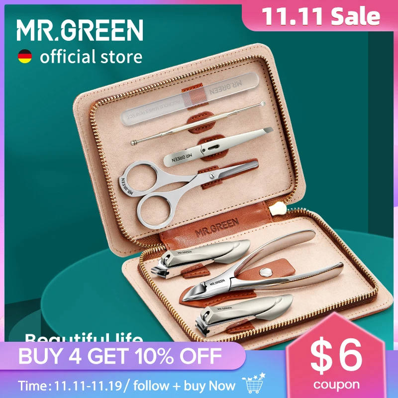 

MR.GREEN Маникюрный набор с кожаным чехлом 7 в 1, профессиональные наборы инструментов для ухода за ногами и лицом, наборы кусачек для ногтей из нержавеющей стали, подарок