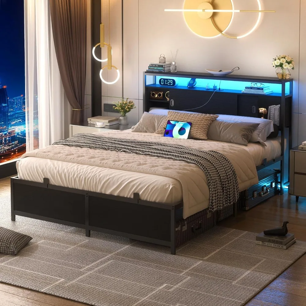 

Size Bed Frame - Storage Headboard Bed with Sliding Doors, LED Lights & USB Charging Station, Metal Platform Bed Frame
