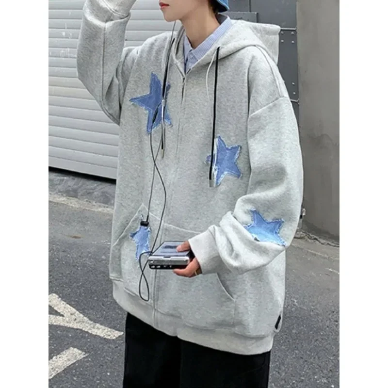 Men\'s Star Patch Zip Up Hoodie for Men Oversized Y2k Sweatshirt Jacket E-Girl 90s Pullover Streetwear