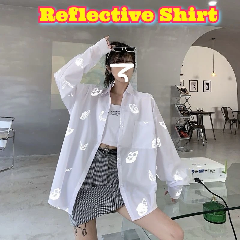 

Reflective Butterfly Print Long Sleeve Shirt Retro Loose Fit Oversized Design Couples Trendy Vintage Blouse Women Adult Street