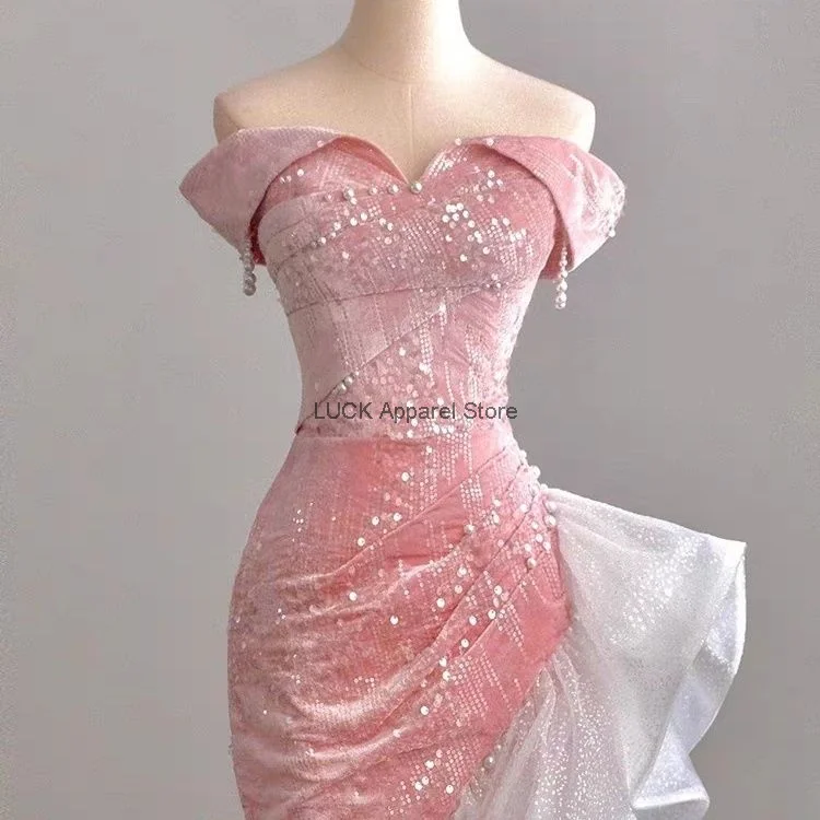 Host Evening Dress High End Light Luxury Small Crowd Party Sexy One Shoulder Annual Party Bridal Toast Dress Pink