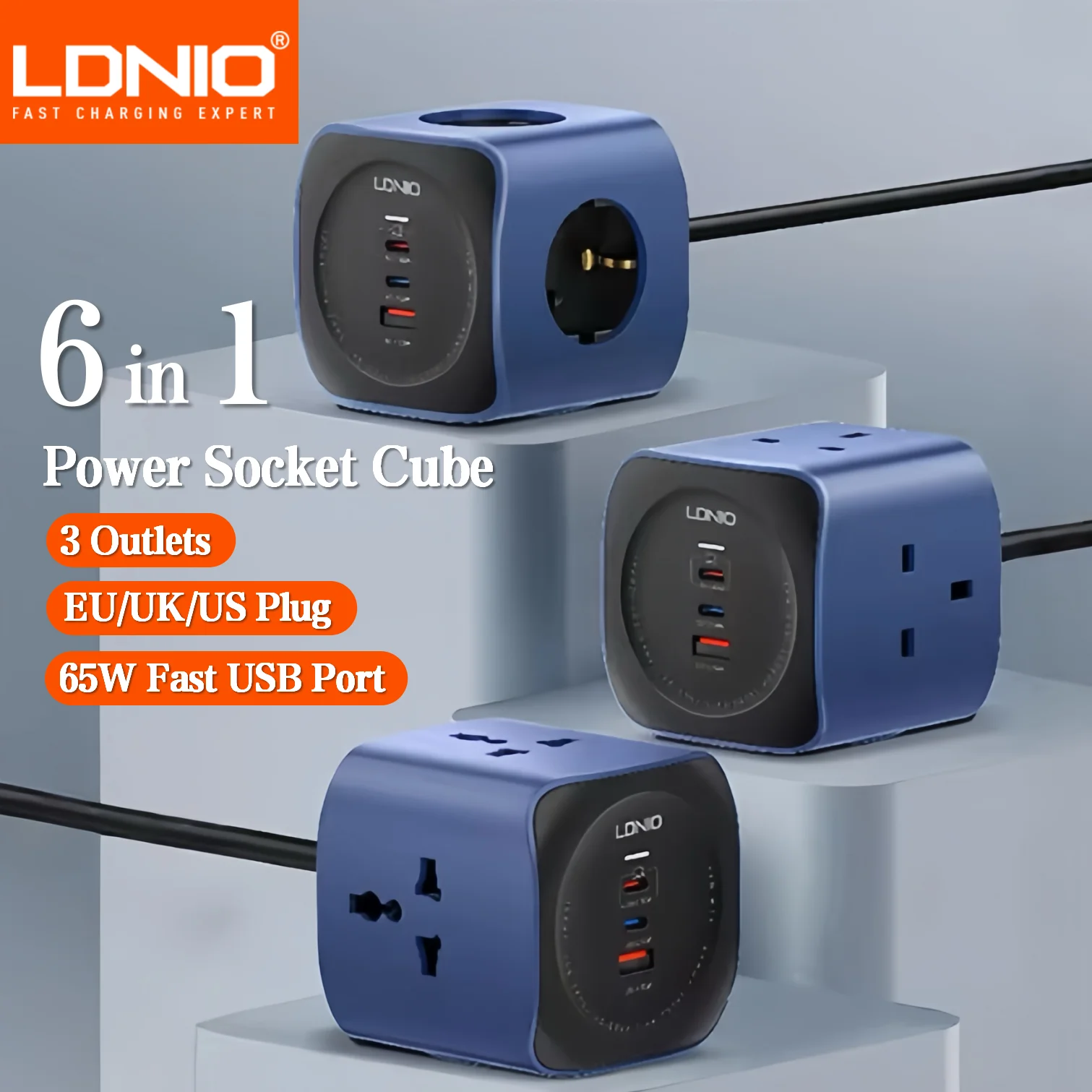 LDNIO Cube Power Strips Surge Protection with 3 AC Outlets USB-C Fast Charging 2M Extension Cord Mountable ON/OFF Switch