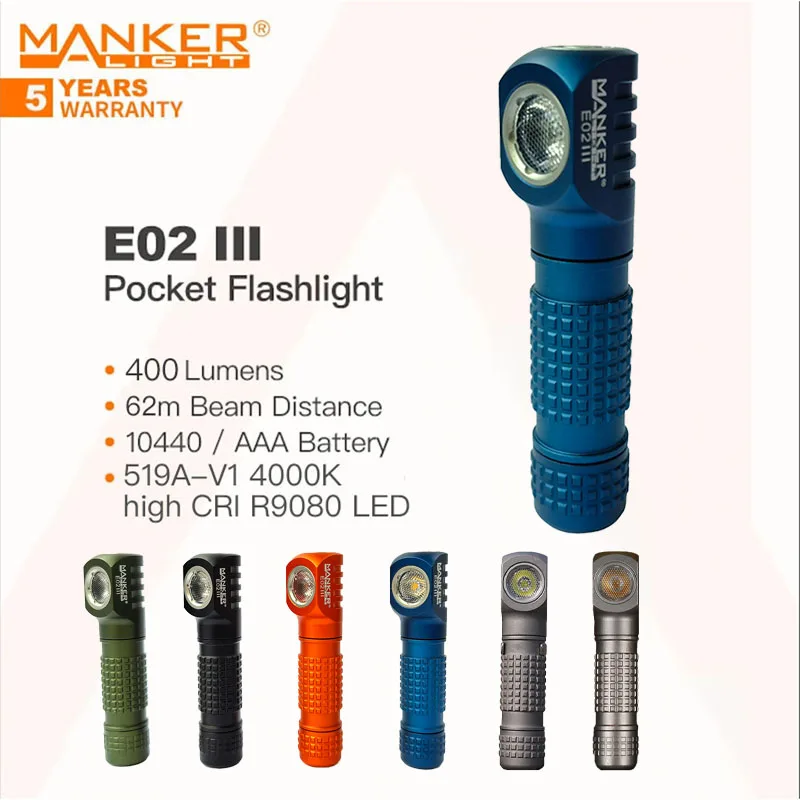 MANKER E02 III EDC Pocket Flashlight, 400 Lumen,Powered 10440/AAA Battery,Magnetic Tail,10 Lighting Modes (Blue,4000K High CRI)