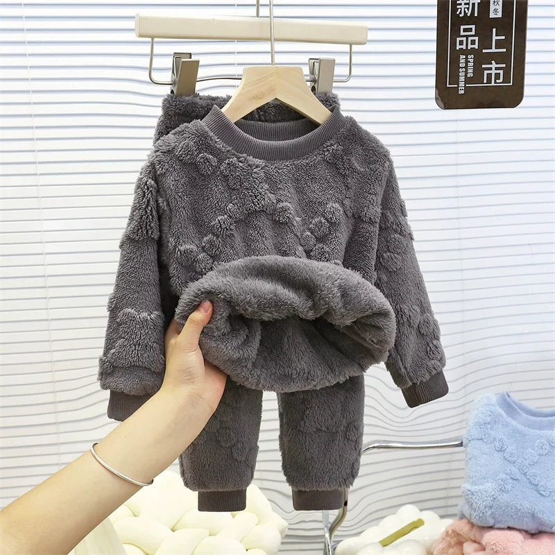 الشتاء دعوى لصبي الأطفال الصوف مجموعات الفتيات رشاقته القمم السراويل 2 قطعة الاطفال ملابس خاصة الدافئة وتتسابق جديد طفل رضيع الخريف الملابس #3