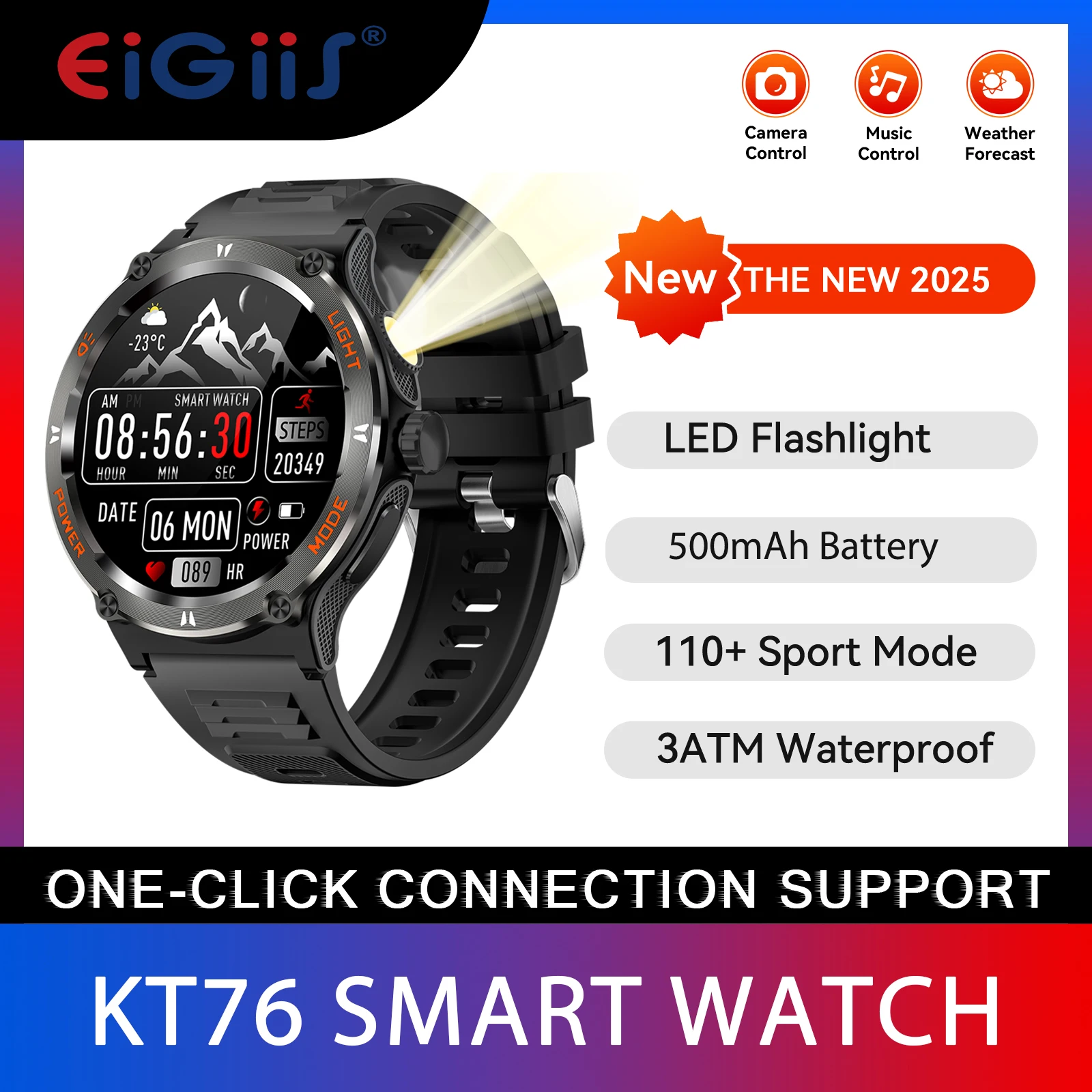 

EIGIIS Smart Watches for Men with LED Flashlight for Sleep Heart Rate Pedometer Outdoor Sport Fitness Tracker for iPhone Android