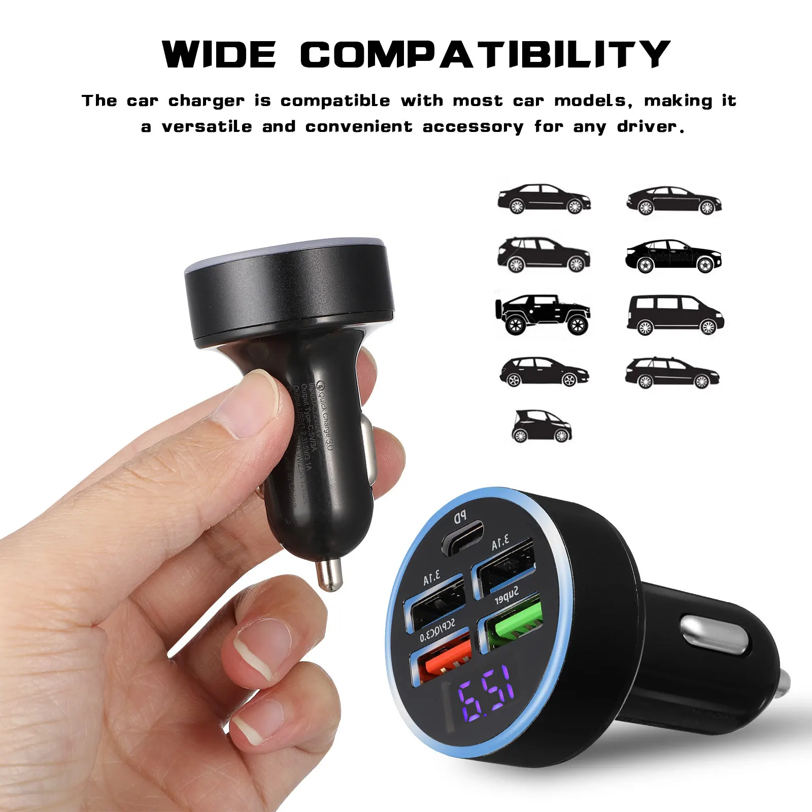5- Display Car Charger Fast Charging USB Charger for Multiple Devices Intelligent Protection Universal