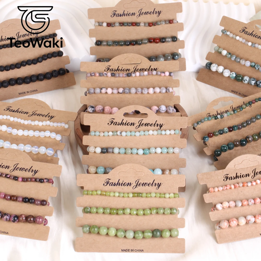 3Piece TeoWaki Map Jasper Elastic Bracelet Natural Stone Symbol of Wisdom, improve study & work efficiency for Women Men 19cm