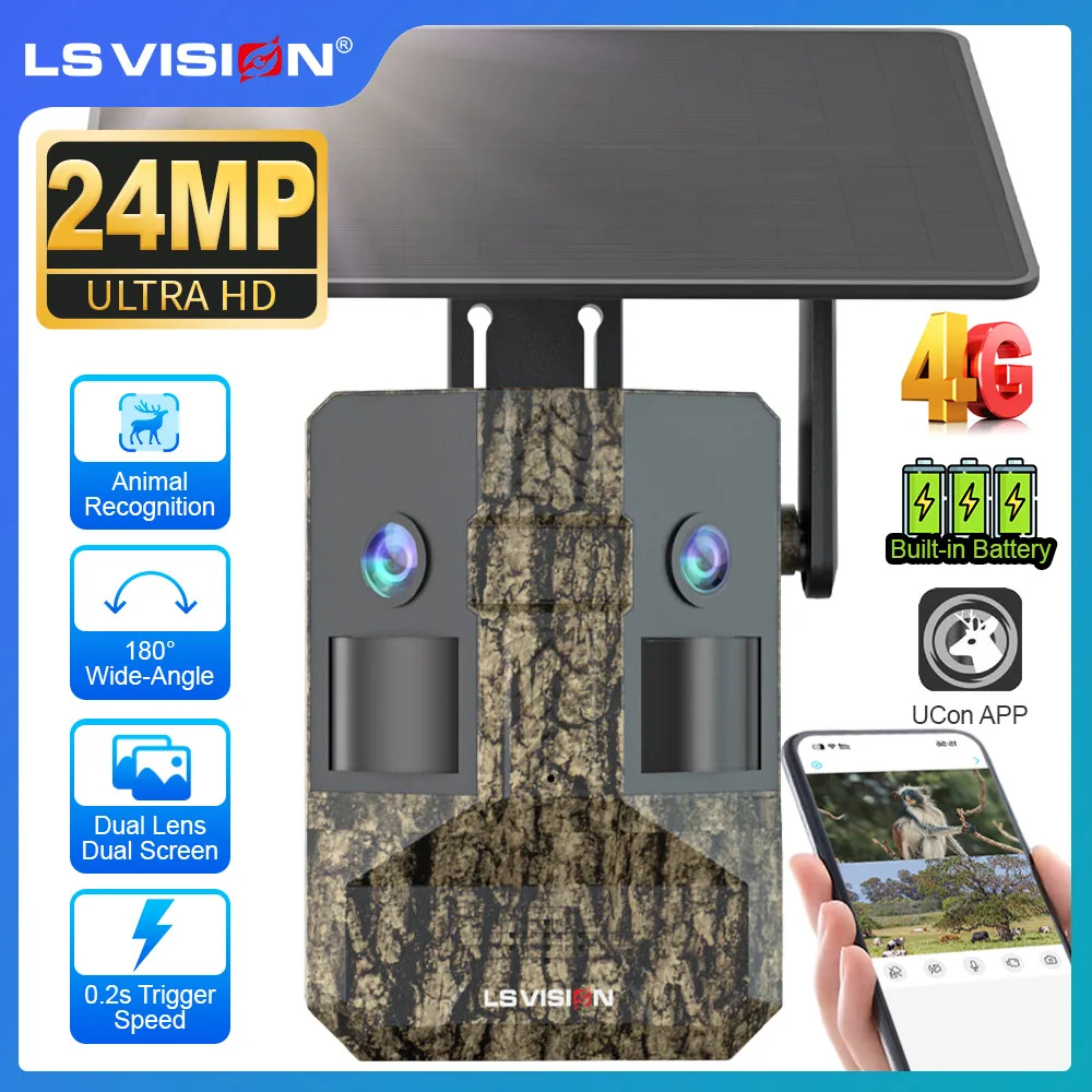 LS VISION 20MP Dual Lens Dual Screen 4G Solar Trail Camera Outdoor 180° Ultra Wide View Angle Animal Recognition Hunting Cameras