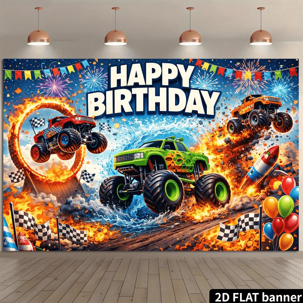 2D-Flachbild-Monstertruck-Geburtstagsparty-Hintergrundtuch. Offroad-Stunt-Thema mit drei farbenfrohen, großen Fahrzeugen. – Detail 2
