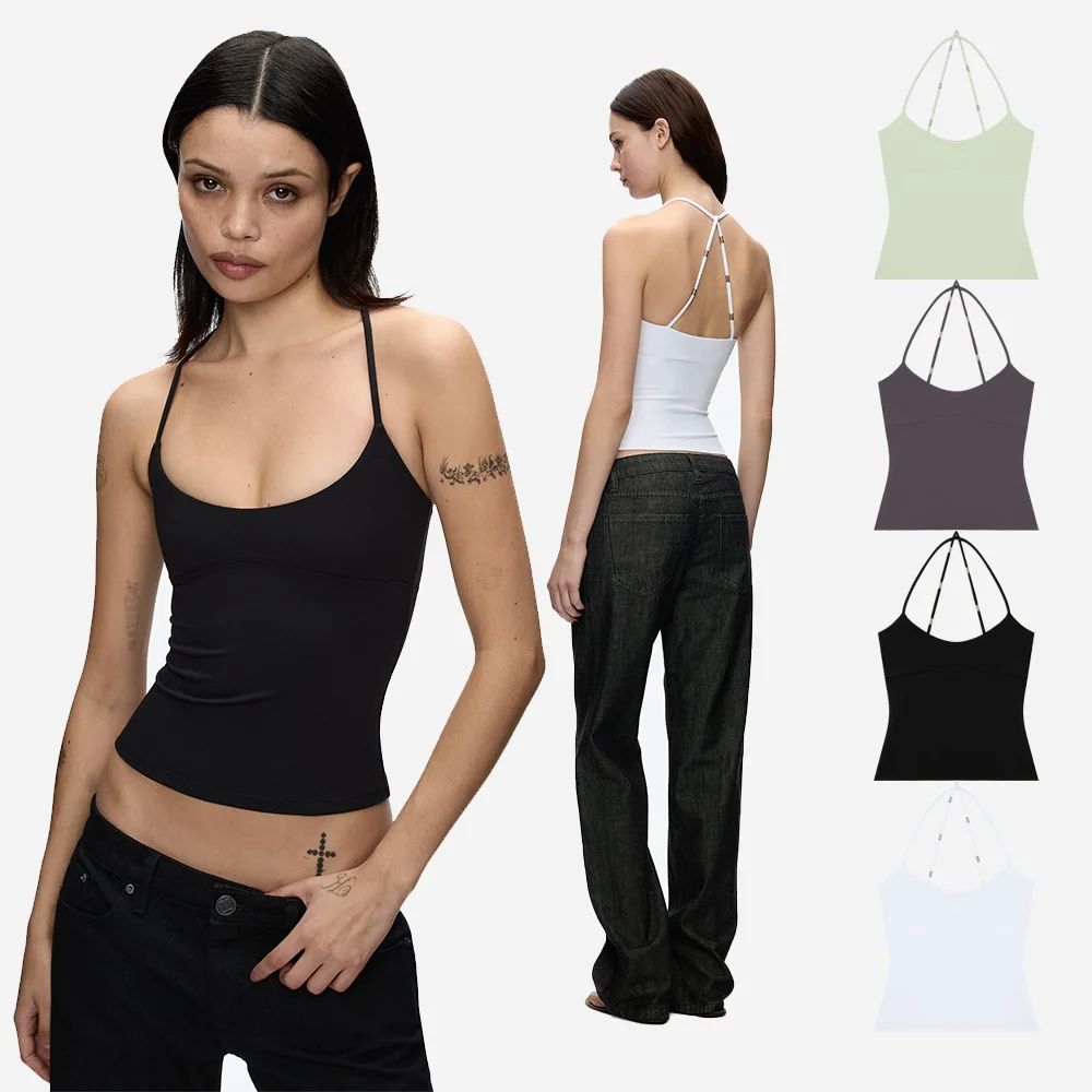Tank Cross-Back Halter Top, Tailored Waist-Cinching Camisole, U-Neck Halter Tank Top, Metal Embellished Slim-Fit Top for Layering or Wearing Alone