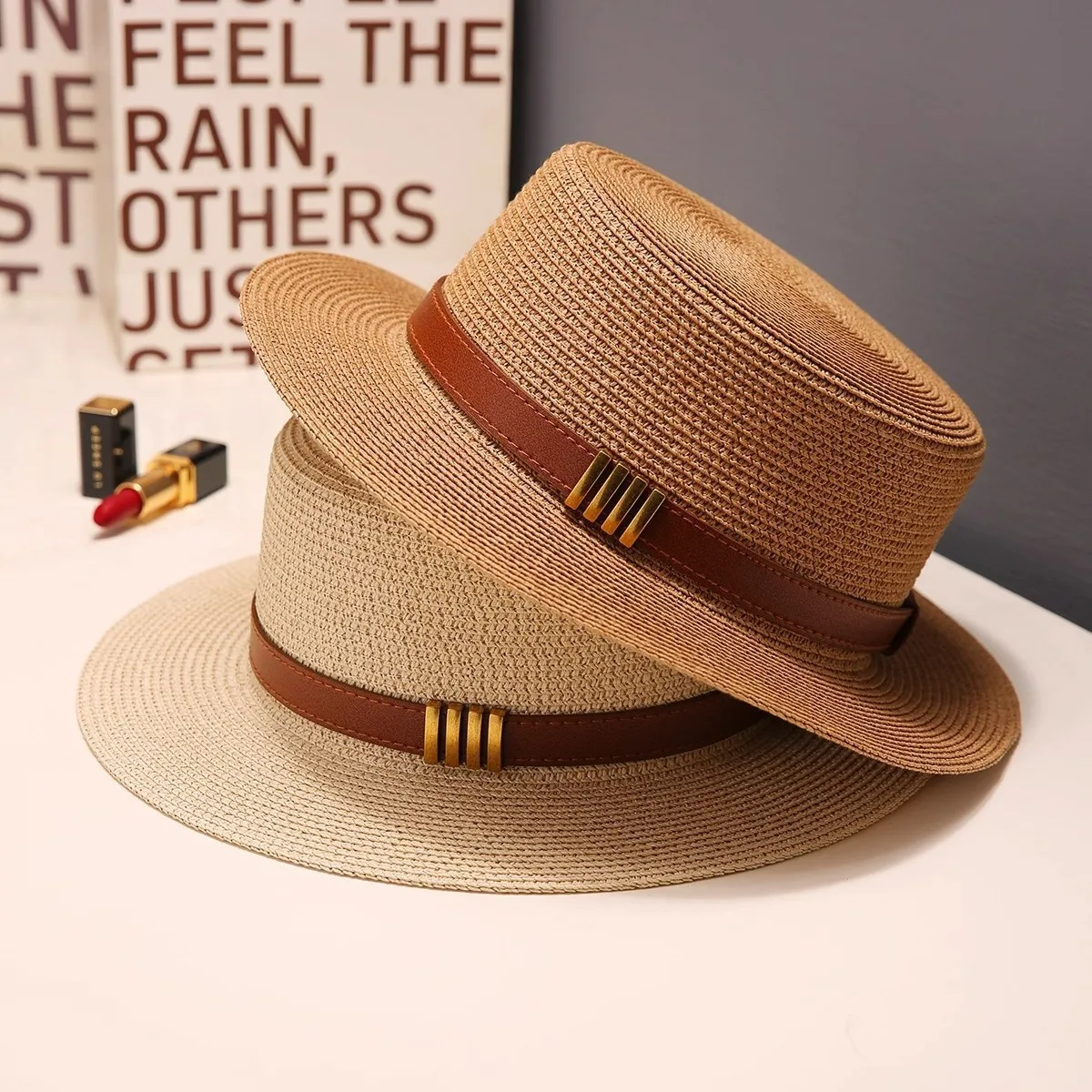1 PC French Style Flat Top Straw Hat–Unisex Sun Hat for Summer Beach & Outdoor, Wide Brim Sunshade Fedora for All Seasons