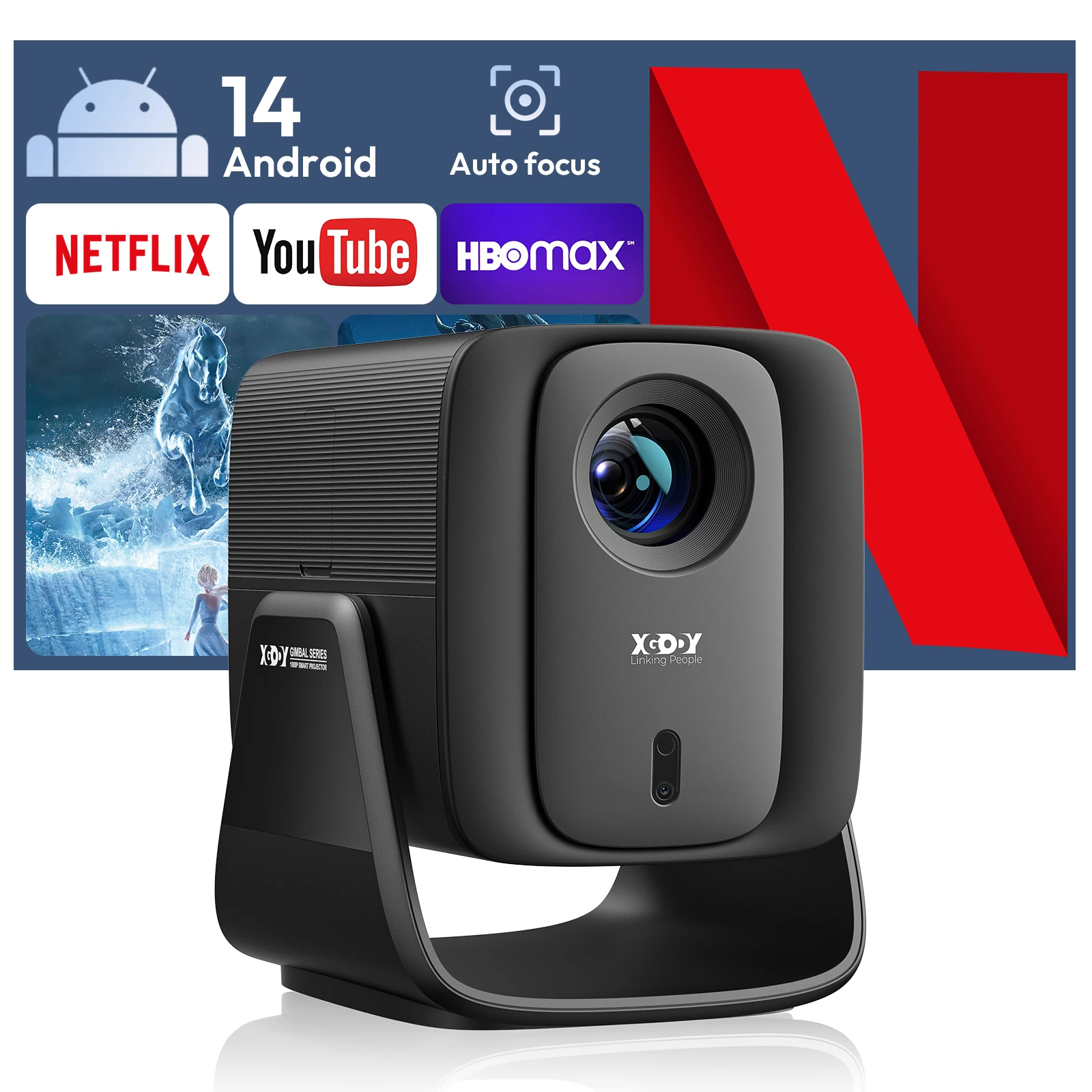 XGODY 1000 ANSI Projector Android 14 Allwinner H726 2+16GB Autofocus Native 1080P 8K Beamer Wifi6 BT5.4 Portable Movie Outdoor Projector