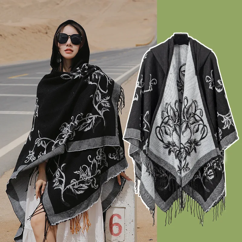 Plaid Flower Poncho Scarves Shawls Mantle Winter Warmth Cape Scarf Shawl Women Thick Windproof Warm Neckerchief Cloak Ponchos