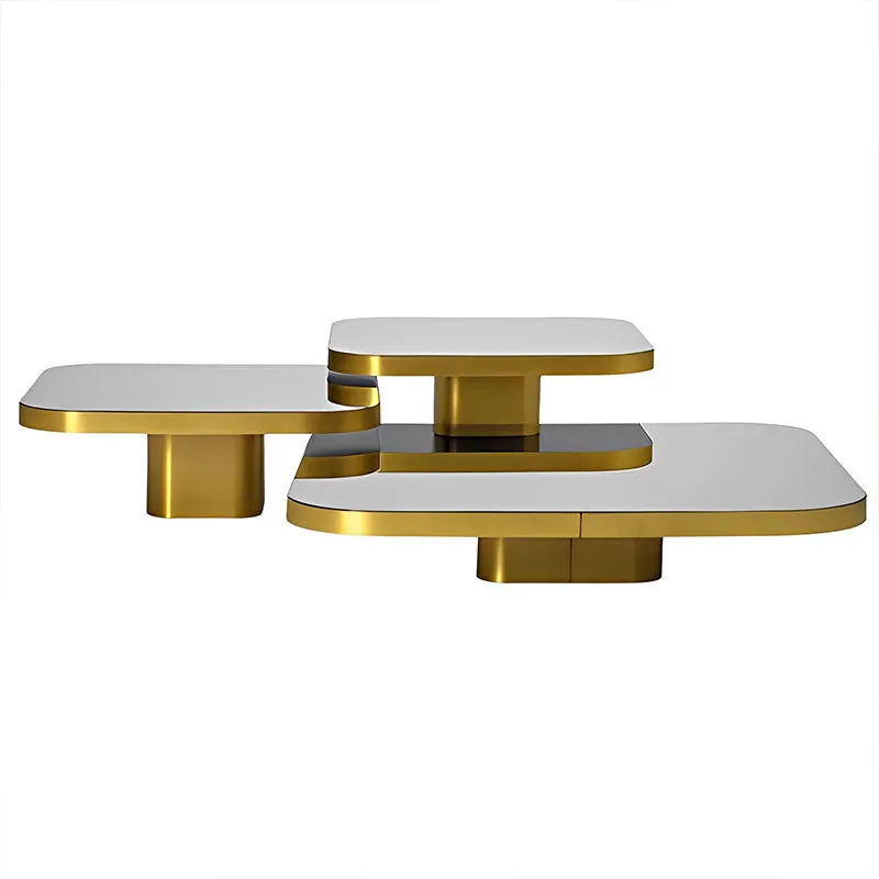 Meja kopi kombinasi baja tahan karat gaya mewah ringan untuk apartemen kecil, ruang tamu, bentuk persegi, meja teh kreatif, modern dan simpel