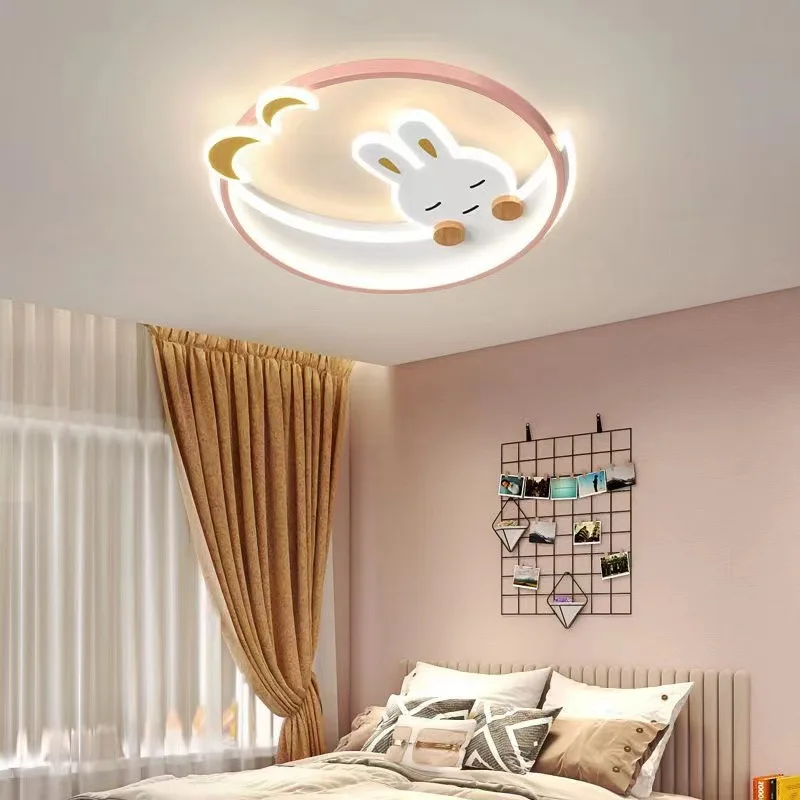 Children's Crescent Moon White Rabbit Ceiling Lamp Chandelier for Kids Room LED Lighting Bedroom Luster Home Decor Study Attic