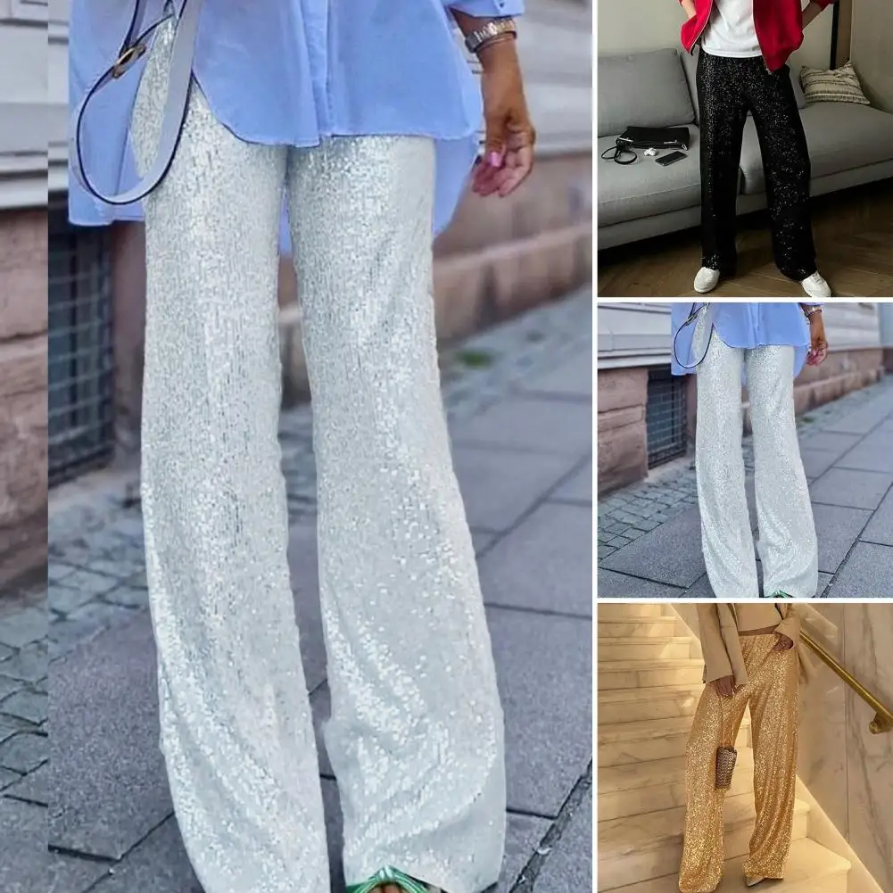 Women Mid Rise Solid Color Sparkling Sequins Wide Leg Pants Casual Trousers Stage Dance Night Club Party Evening Clubwear Pants