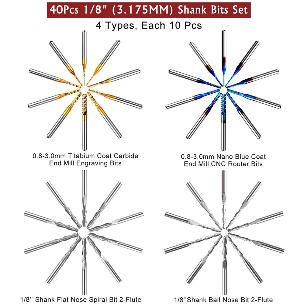 Twotrees End Mill Engraving Bits Set Nano Blue Coated CNC Router Bits Cutting Milling Cutter 1/8\