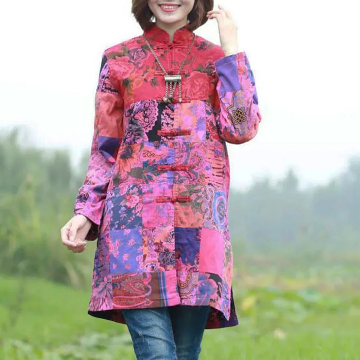 

Women's Trench Coat Cotton Linen Floral Print Jacket Spring Fall Retro Tang suit Frog button Patchwork Outwear Each Piece Unique